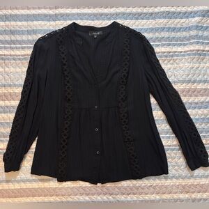 Julio Black Lace Trim Blouse Button Front Long Sleeve Size 8